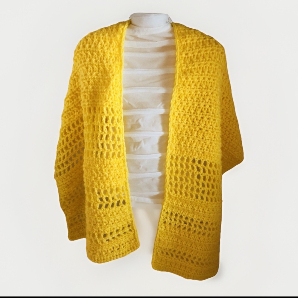 Handmade Crochet Shawl Wrap Yellow Acrylic Knit Oversized Boho Shrug‎ One Size